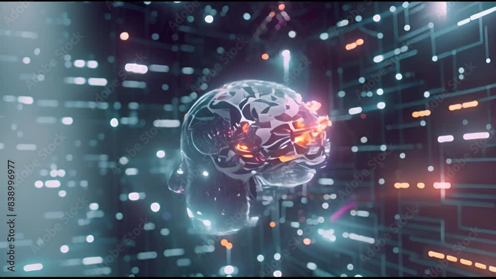 Aufkleber Artificial Intelligence Digital Brain bid data. Illustration of the thinking process. Future technology animation, AI deep learning computer machine. 3D render.