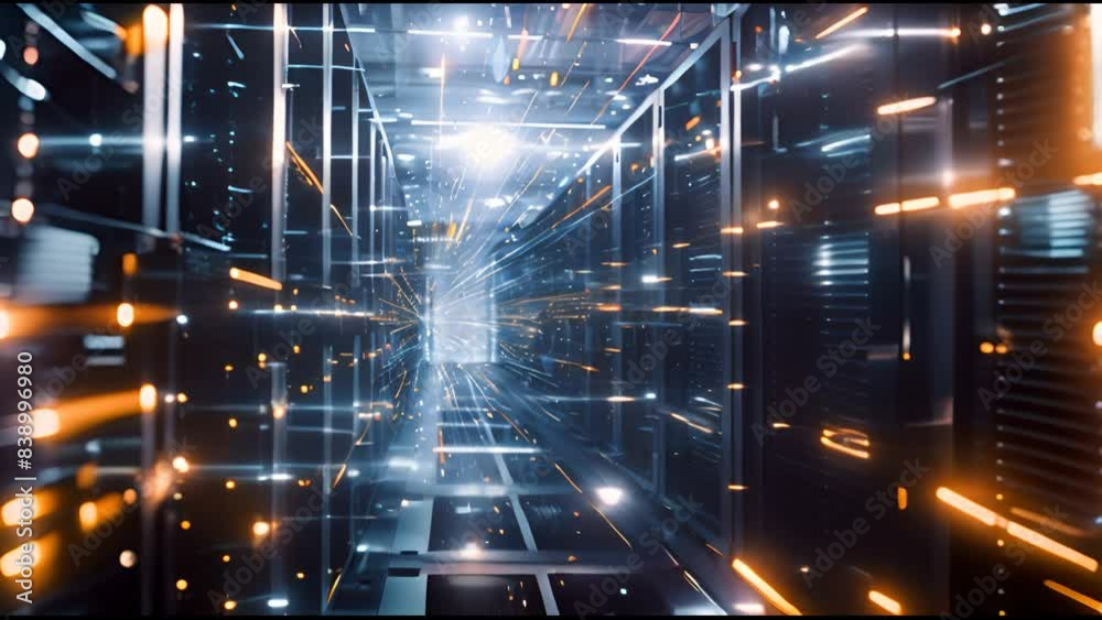 Poster A data center or Internet service provider's data center contains servers and networks behind glass panels