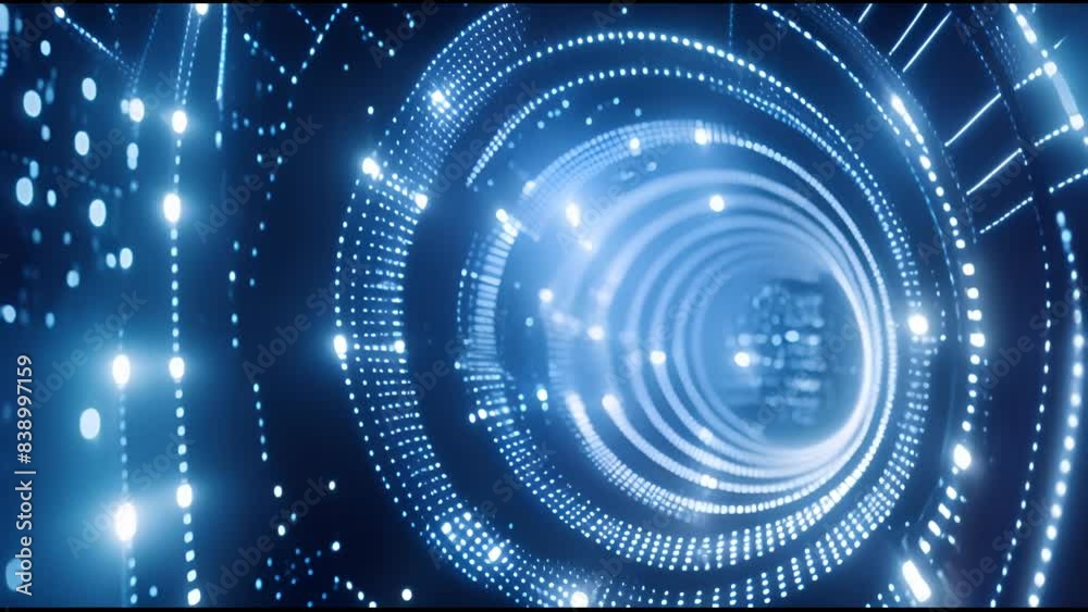 Poster This high quality animation shows a blue color digital circle tunnel of cyberspace with particles and lighting, technology network connections abstract background concept.