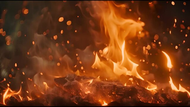 The flame of a bonfire is burning super slowly and hotly against a deep black night background, neon orange flames are glowing and blazing.