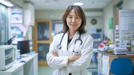 Confident Female Japanese Doctor in Modern Medical Facility for Hospital, Healthcare, and Professional Use