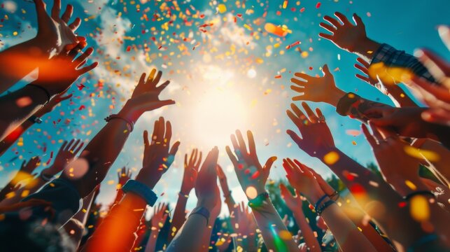 A group of people reaching up to the sky with their hands, AI