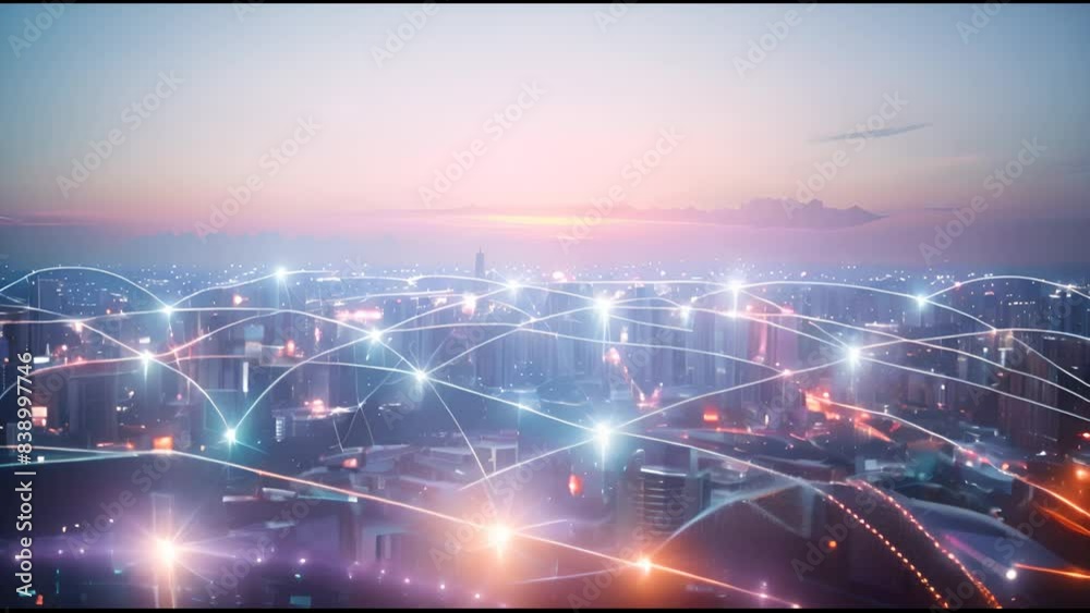 Fototapete digital smart city with connection networks that reciprocate throughout the cityscape. concept for t