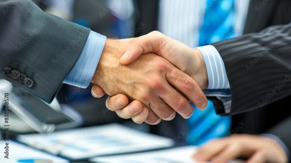 Poster two men shaking hands in a business setting with papers on the table, ai