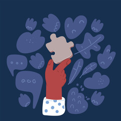 Cartoon vector illustration of The man and woman holds in hand a jigsaw puzzle. Business solutions, success and strategy concept over dark background