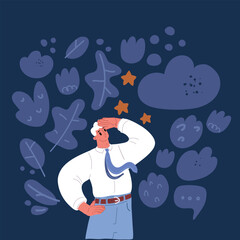 Cartoon vector illustration of corporate man, elegant businessman standing on white background pointing and looking up over dark background