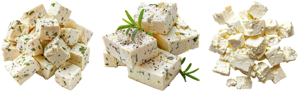 Feta cheese bundle, cut in cubes, isolated on a white background, closeup front view and top down view