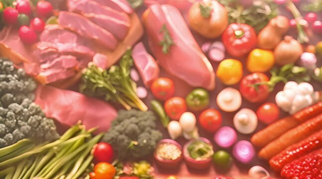 carefully inspecting fresh vegetables and meats. Bright sunlight streams through large windows. Posters with food safety tips adorn the walls
