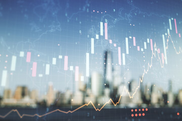 Abstract creative financial graph interface and world map on blurry skyline background, forex and...