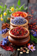 Three bowls of different colored herbs and flowers on a table, AI