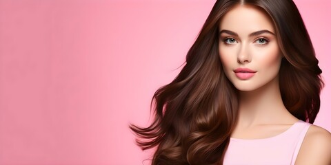 Woman with shiny straight brown hair against pink background after keratin treatment. Concept Beauty Photoshoot, Hairstyle Inspiration, Keratin Treatment, Pink Background, Straight Hair