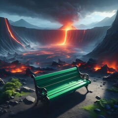 Panchina verde sul vulcano, paesaggio ostile
