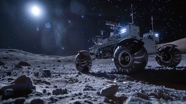 Futuristic Cybernetic Rover Roaming the Lunar Surface Post-Landing Experience