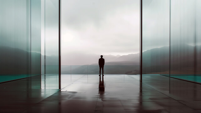 A lone man stands in a modern glass building, overlooking a misty mountainous landscape. - Powered by Adobe
