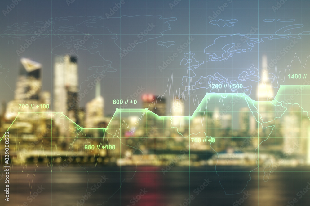 Poster multi exposure of abstract virtual graphic data spreadsheet sketch on blurry skyscrapers background,