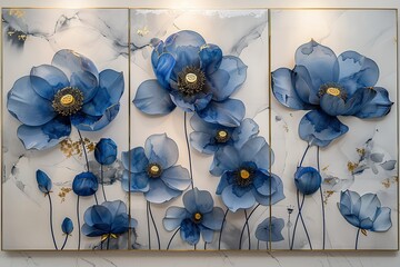 three panel wall art, white marble background with blue lotus flowers designs