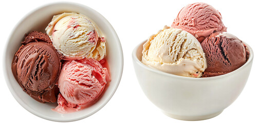 Neapolitan ice cream bundle, chocolate, vanilla, strawberry, in a white bowl, isolated on a transparent background