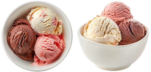 Neapolitan ice cream bundle, chocolate, vanilla, strawberry, in a white bowl, isolated on a transparent background