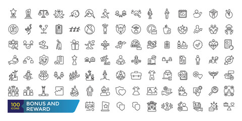 Bonus and reward icon set. Related to loyalty, benefit and prize outline icons. Collection and pack of linear web and ui icons. Editable stroke. Vector illustration