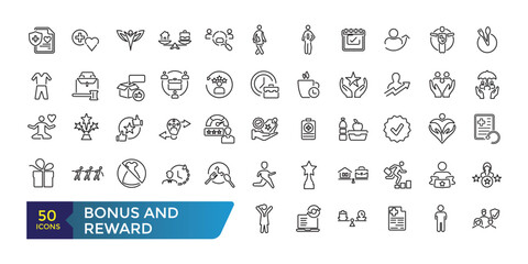 Bonus and reward icon set. Related to loyalty, benefit and prize outline icons. Collection and pack of linear web and ui icons. Editable stroke. Vector illustration