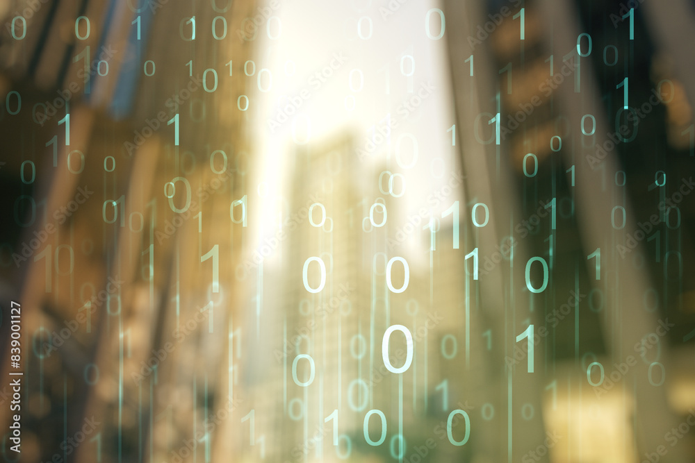 Leinwandbilder double exposure of abstract virtual binary code hologram on modern skyscrapers background. database 