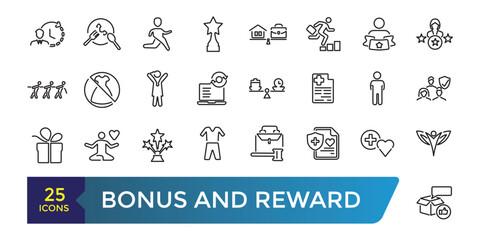 Bonus and reward icon set. Related to loyalty, benefit and prize outline icons. Collection and pack of linear web and ui icons. Editable stroke. Vector illustration