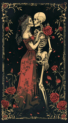 Love until death do us part valentine tarot card style poster with romantic embracing lovers skeleton and roses