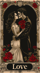 Love until death do us part valentine tarot card style poster with romantic embracing lovers skeleton and roses