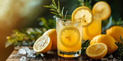 Organic lemon drink on rustic table with blurred background promoting health. Concept Food photography, Beverage advertisement, Healthy lifestyle, Rustic setting, Blurred background
