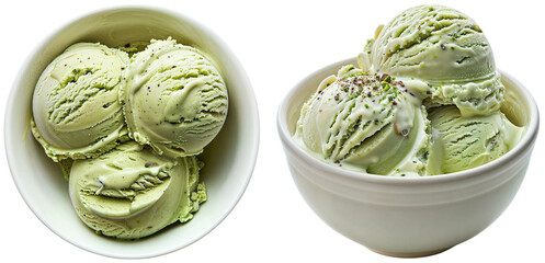 Set of two bowls with green pistachio ice cream isolated on a white background, side and top view