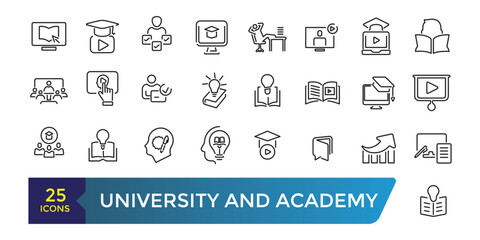 University and Academy icon set. School logo design badge. University emblem template. Collection and pack of linear web and ui icons. Editable stroke. Vector illustration