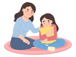 Mother comforting teenage daughter feeling sad vector illustration