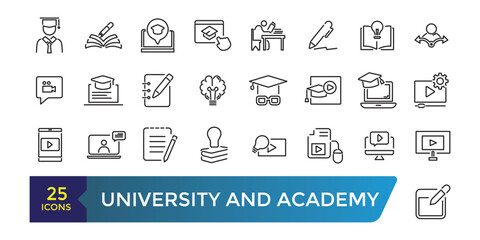 University and Academy icon set. School logo design badge. University emblem template. Collection and pack of linear web and ui icons. Editable stroke. Vector illustration
