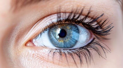 A close up of a woman's eye with blue iris, AI