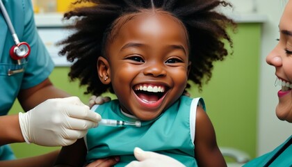 A joyful child receiving a medical checkup from doctors. The image captures a positive healthcare experience, highlighting trust and care in a pediatric setting.. AI Generation