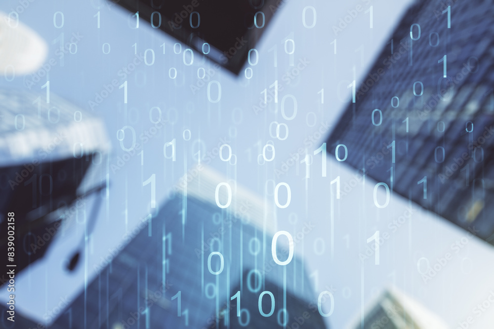 Aufkleber double exposure of abstract virtual binary code hologram on modern skyscrapers background. database 