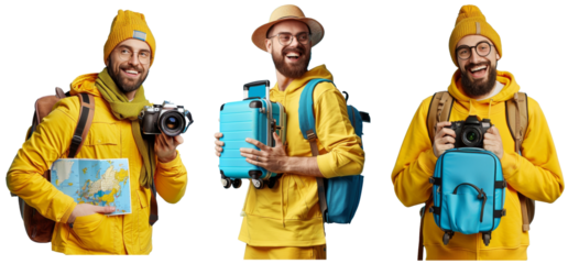In cheerful yellow casual clothing with a camera, the tourist man stands on a blue background. He is traveling abroad on a weekend. Male passenger. Air flight journey concept. Holding a suitcase, a