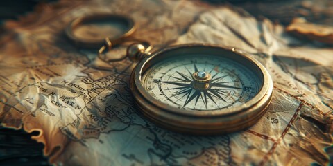 "A vintage compass resting on an old, detailed map, intricate textures, photorealistic rendering, soft lighting enhancing aged creases, inviting an adventure with a touch of nostal