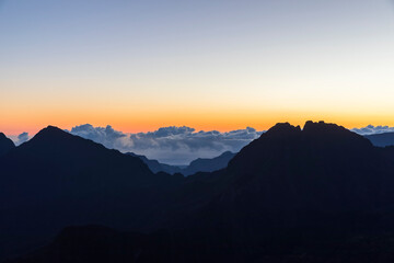 Reunion, Reunion National Park, View from Pito Maido to Cirque de Mafate, Gros Morne and Piton des Neiges, dawn