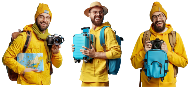 In cheerful yellow casual clothing with a camera, the tourist man stands on a blue background. He is traveling abroad on a weekend. Male passenger. Air flight journey concept. Holding a suitcase, a