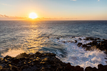 Reunion, West Coast, rocky coast at Souffleur at sunset