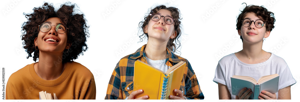 Poster The image is a portrait of a happy young person holding a book and looking up while reading with glasses, isolated on a blue background.