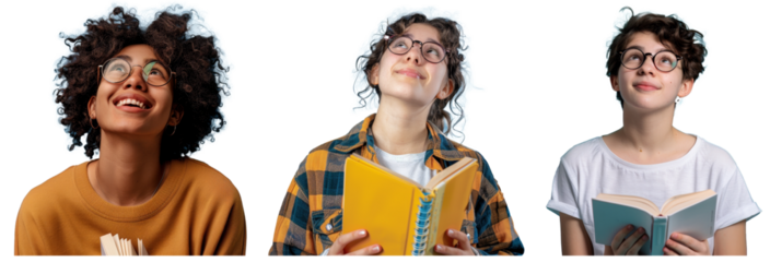 The image is a portrait of a happy young person holding a book and looking up while reading with glasses, isolated on a blue background.