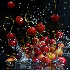 Vibrant Cherries Splash into Mysterious Black Water Tank