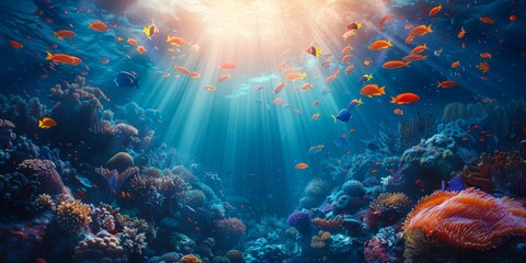 "Vibrant underwater coral reef scene with colorful fish, soft sunlight filtering through crystal-clear waters, showcasing marine life beauty
