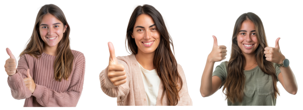 An advertising copyspace is being held by a young Uruguayan woman over an isolated background, thumbs up while inserting an ad in it