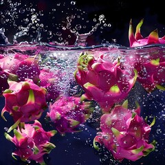 Exotic Dragon Fruit Sinking into a Dark Water Tank Generating Magenta Splash Patterns