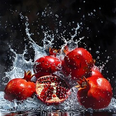 Explosion of Freshness: Pomegranates Splashing into a Black Tank