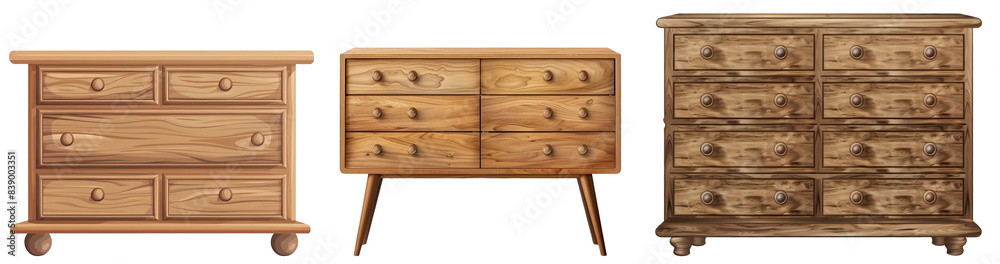 Poster the design of a wooden sideboard with drawers isolated on a transparent background. these items are 