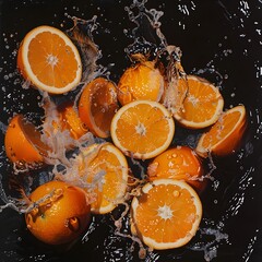 Juicy Oranges Plunge into Inky Pool: A Vibrant Citrus Mosaic